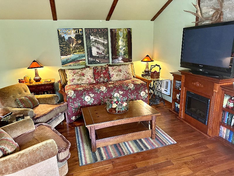 The living area also features hammered bronze table lamps with mica shades, a pull-up coffee table, a 5'x7' area rug and a 50" flat screen television!