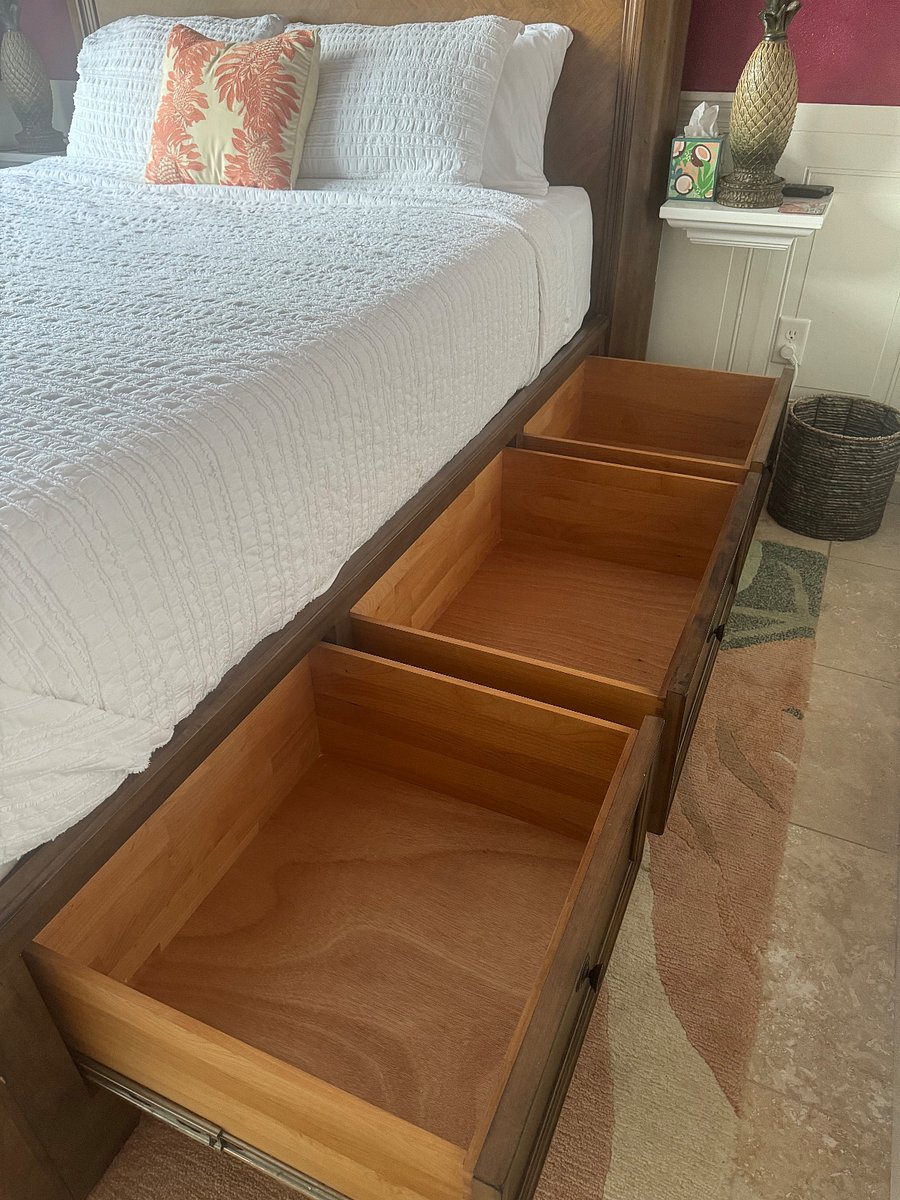 There queen sized bed boast 6 large storage drawers underneath. for ample storage of clothing etc...