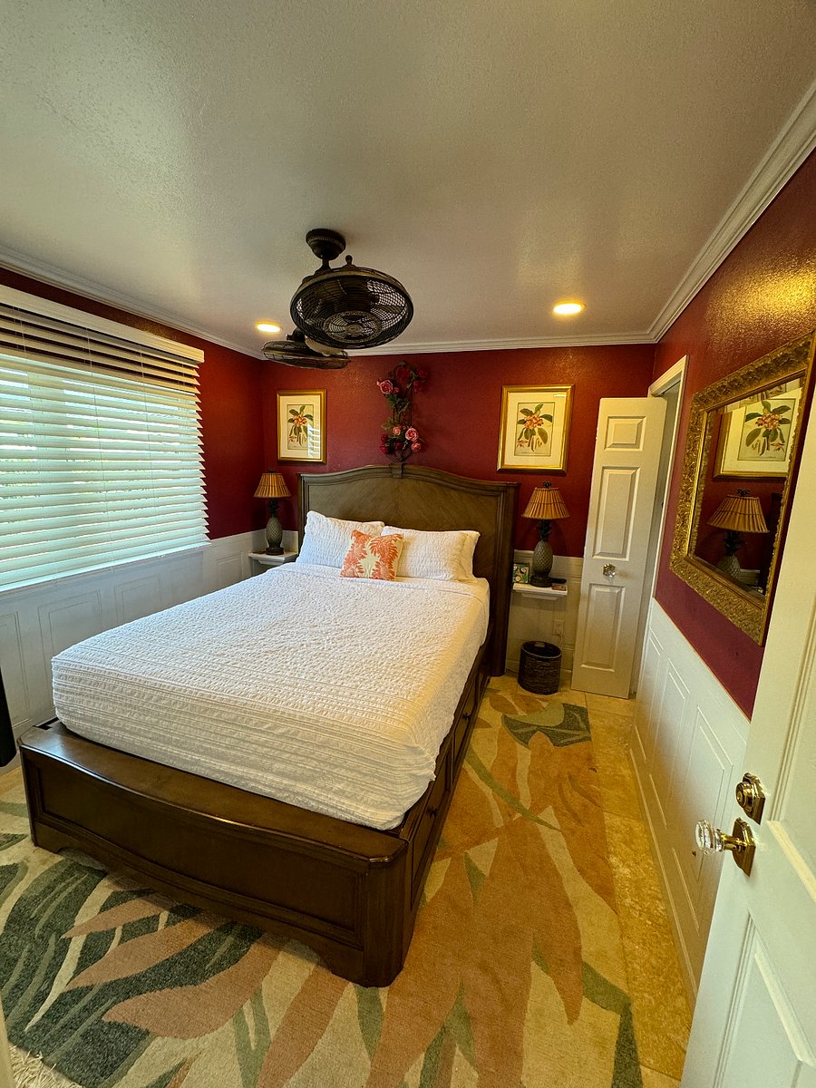 Private Bedroom features large breezy window, large soft and plush oriental rug, lampshades, several dressing mirrors, closet.
