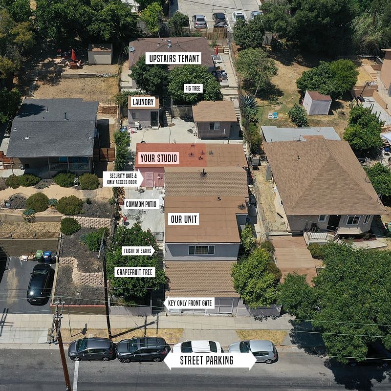 Shared laundry, always giving fruit trees, common patio area and street parking.