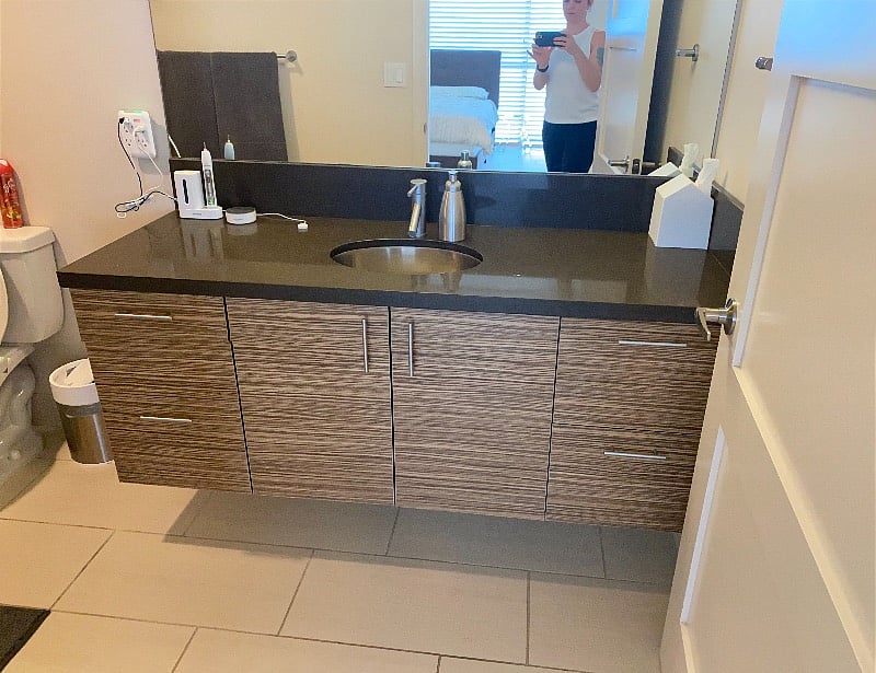 Bathroom storage with ample storage and deep drawers. Blowdryer provided.