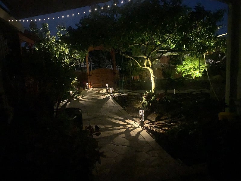 Solar path and tree up lights for nighttime ambiance and ease of entry.