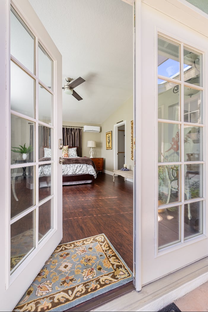 Private entrance, keyless entry, privacy blinds, lovely space with lots of natural light and airflow.