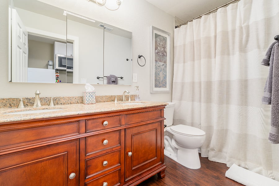 Spacious bathroom with plenty of counter space.