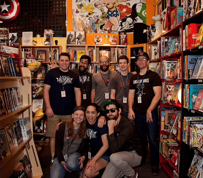 Local Heroes Comic Store. Between Cafe Stella & Cogan's Pizza.