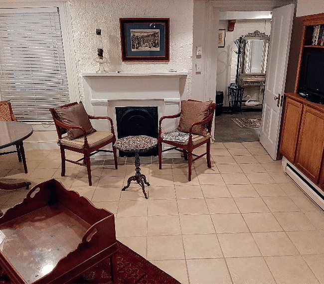 Open concept; Seating area next to the fireplace