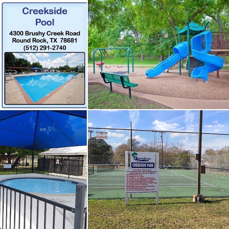 Creekside Park at the bottom of the stairs. Daily pool access in the summer for I think $4/adult or monthly membership available at an affordable rate.