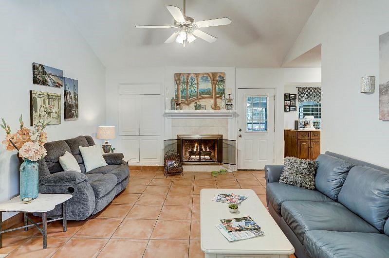 The fireplace is gas which is super easy to light and enjoy anytime of the year.