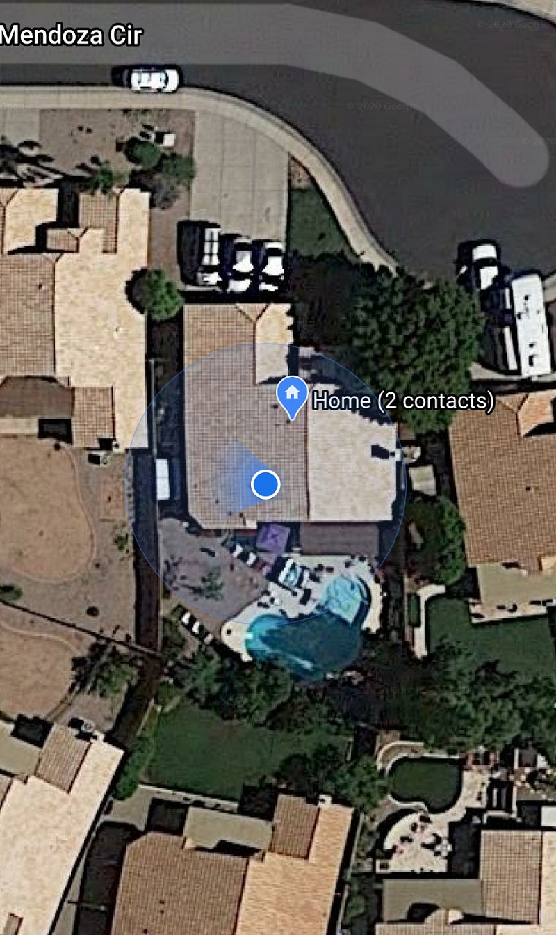 Aerial view of our home and backyard