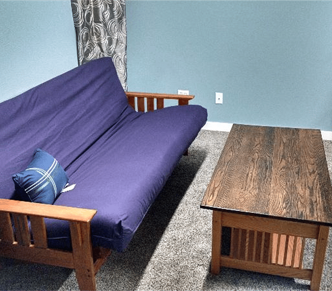 Futon and coffee table.