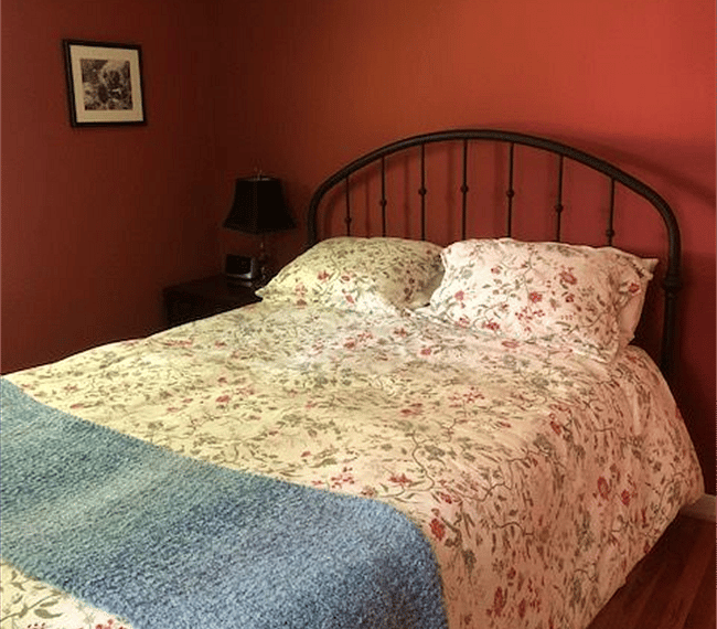 Charming second bedroom with queen bed, closet and dresser