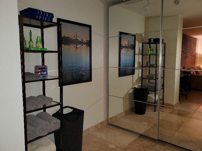 Closet.  Ample storage in behind the mirror for your personal belongings.