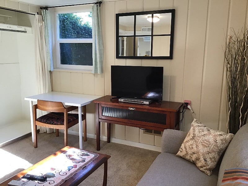 Personal desk under garden window; plenty of closet storage.