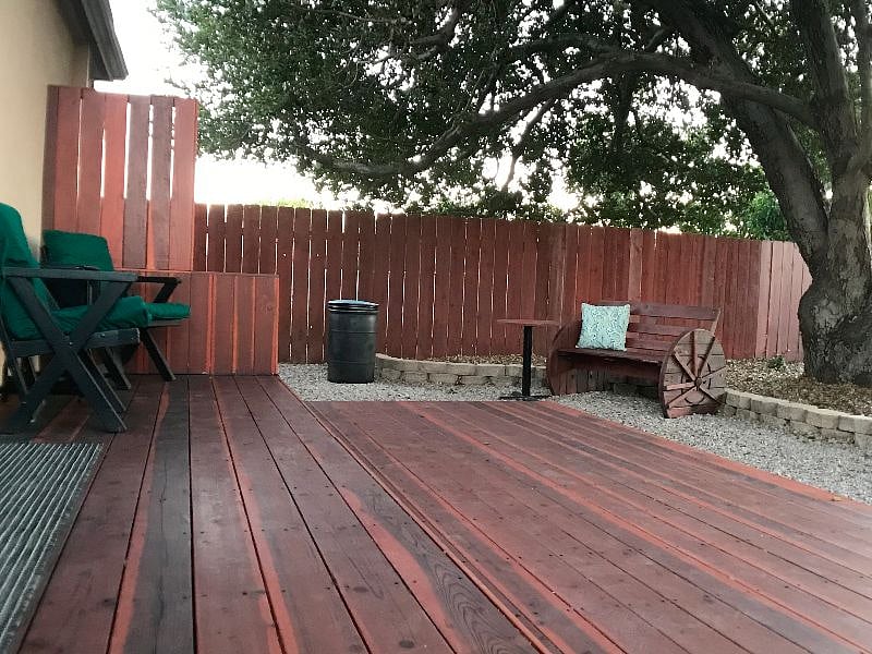 Evergreen tree provides shade and filtered sunshine.