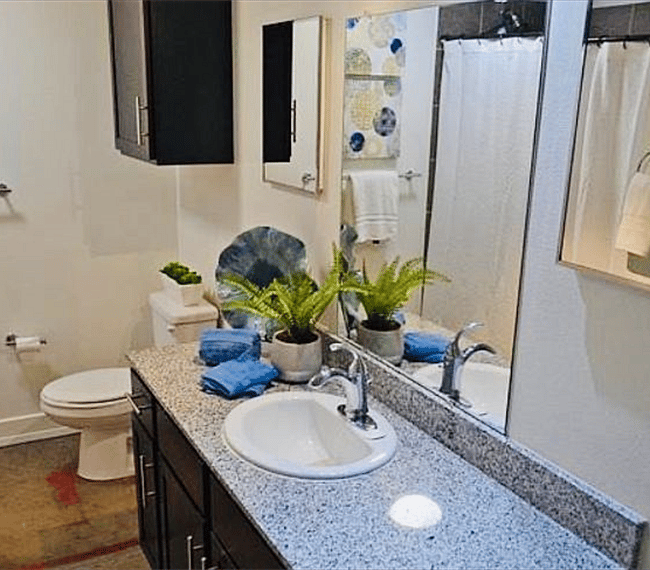 A shower and bath combo features in the bathroom 