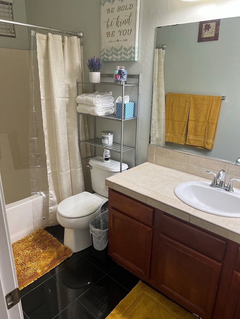 Master bedroom with private bath and massage shower head.