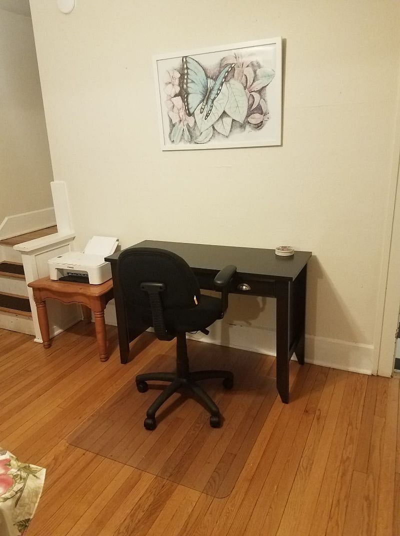 Desk and printer.
