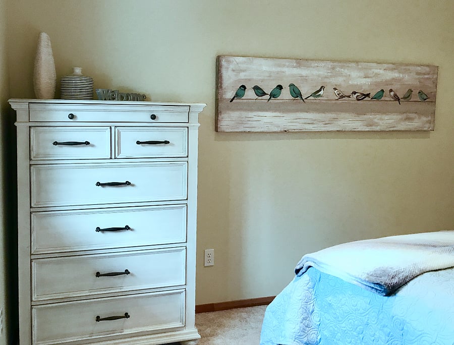 There is a 6 drawer dresser and large closet with hangers providing plenty of storage. The closet also has an extra pillow and blanket.