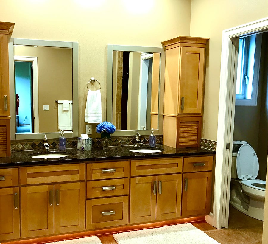 The master bathroom off of the King Bedroom # 3 is luxurious and spacious! It features granite counters, loads of storage, a big walk-in shower and separate toilet area.There is rope lighting under the cabinets which are motion activated - such a great feature at night! The shower is supplied with starter toiletries - shampoo, cream rinse and body wash. This bathroom is shared with the adjoining twin bedroom #4.