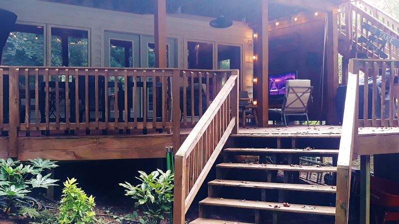 Stairs to deck and terrace entrance - personal coded Simplisafe entry lock