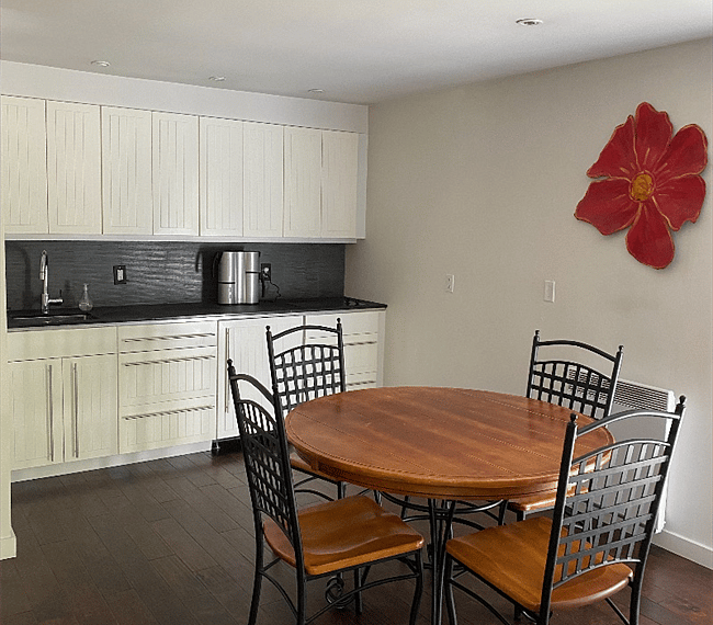Kitchenette with small fridge, microwave, coffee maker and 2 burner stovetop