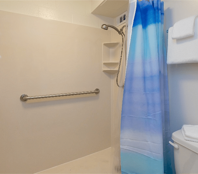 A spacious shower features in the bathroom
