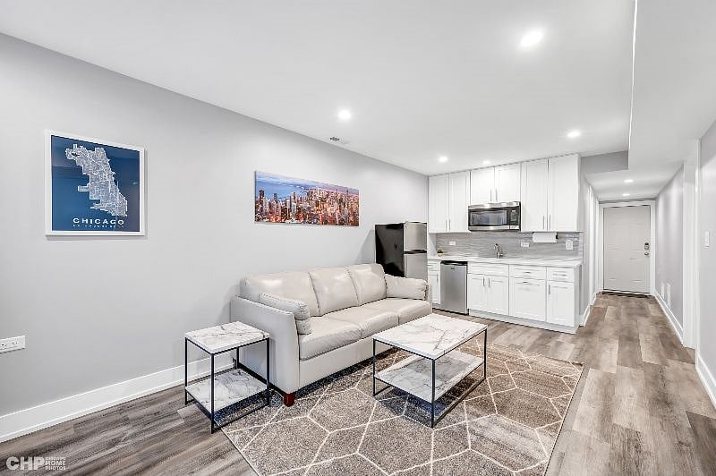 Living room and kitchenette area