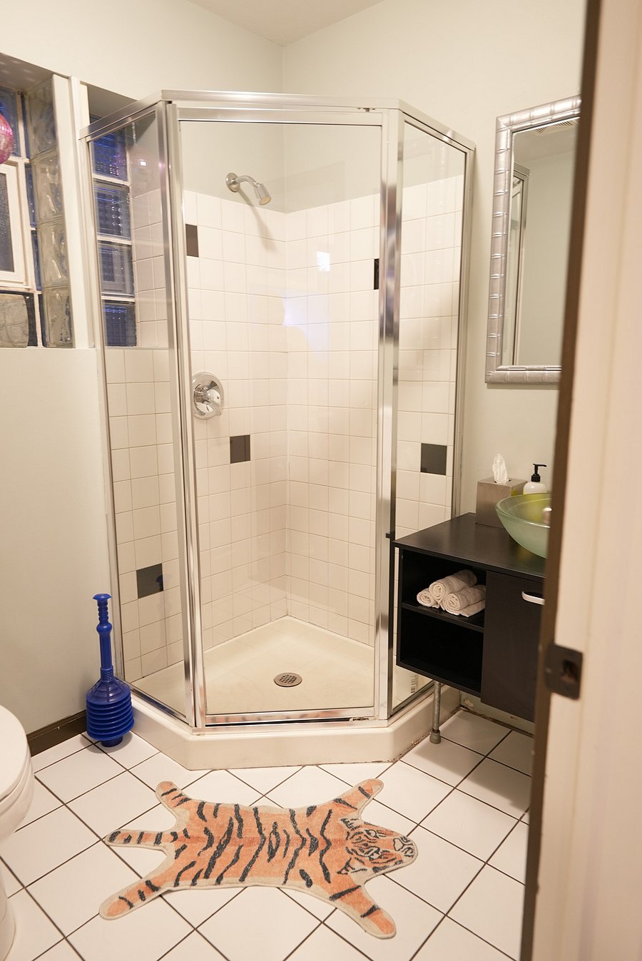 A clean, modern walk-in shower, toilet and essentials, designed for a refreshing and comfortable experience.