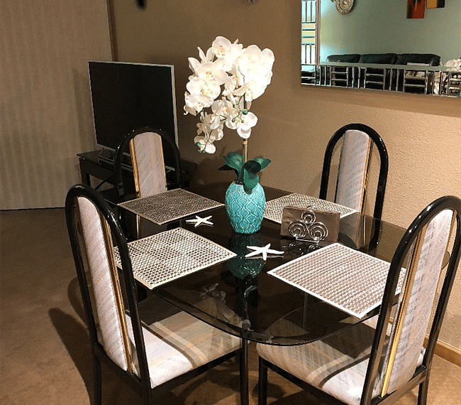 Dining room table for 4 in this, can provide additional surface for your office if additional desk space needed.
