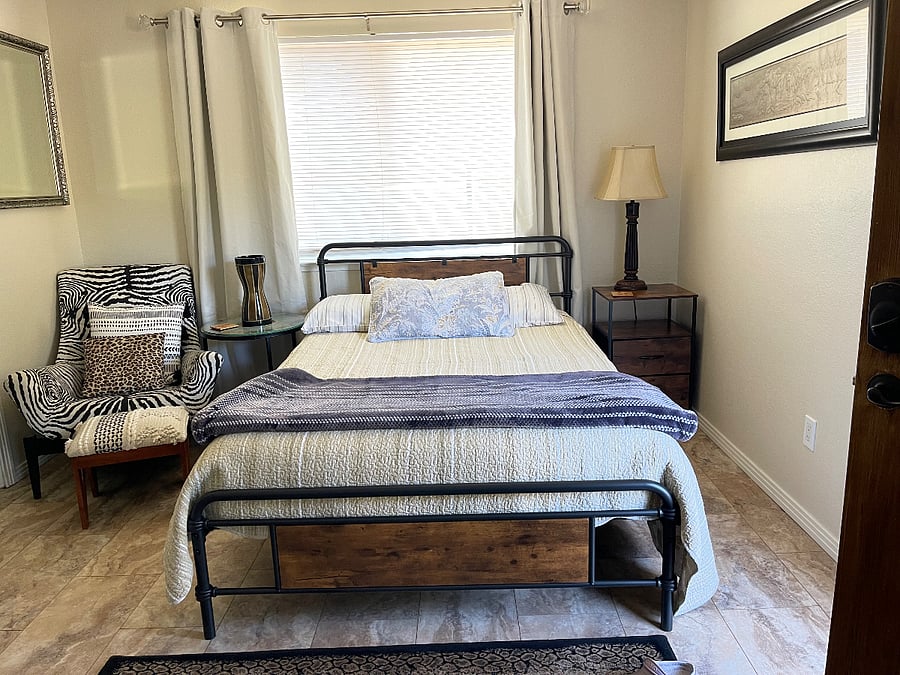 Brand new bed, and mattress. Blinds and blackout curtains.