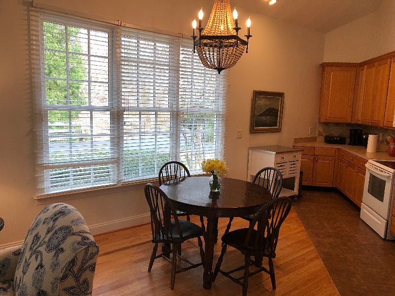 The dining areas is bright and sunny