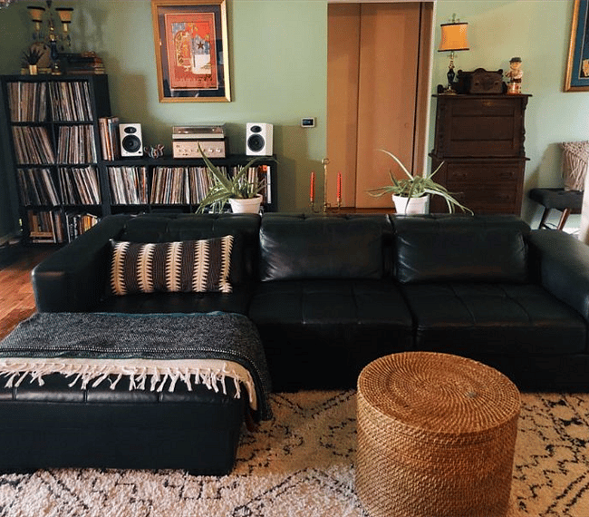 Living Room with view of hallway to bedrooms and guest bathroom. Not pictured but definitely there: fully functioning disco ball in top left corner.