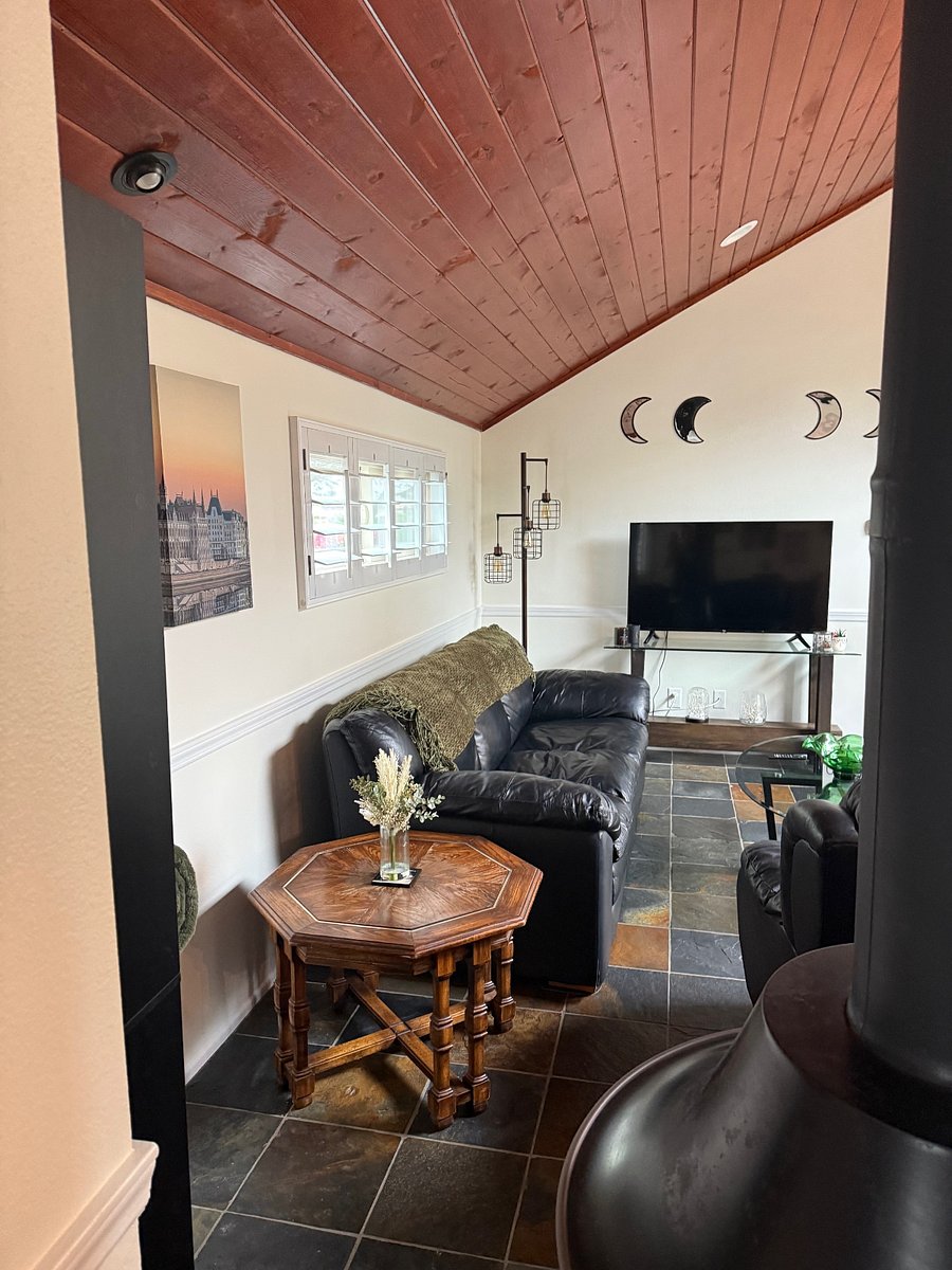 Living room with lots of natural light and vaulted ceiling