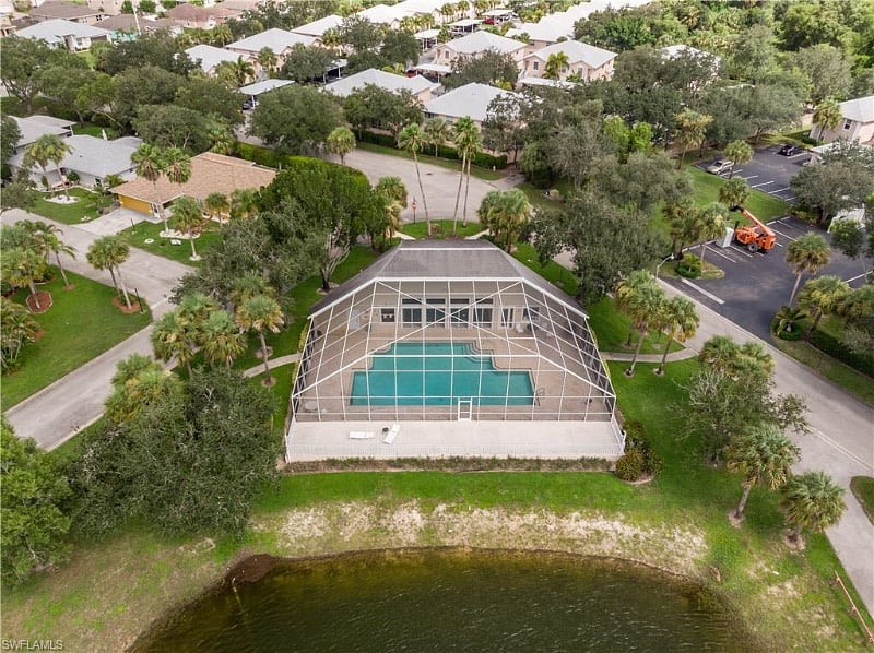 Front Aerial view of pool and club house.