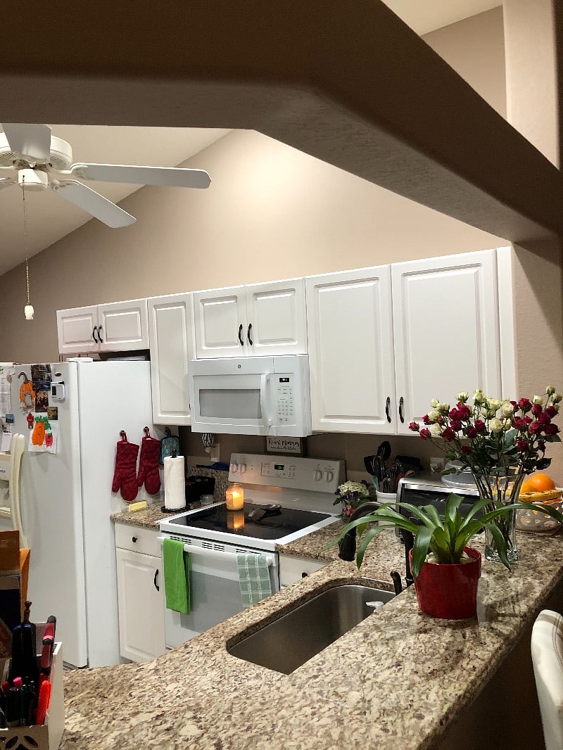 Looking into kitchen from countertop, from the living room.  