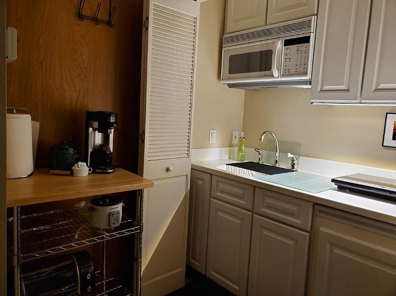 Kitchen area, under counter fridge, 2 burner induction cook top, microwave/convection oven, rice cooker, toaster oven and coffee maker.