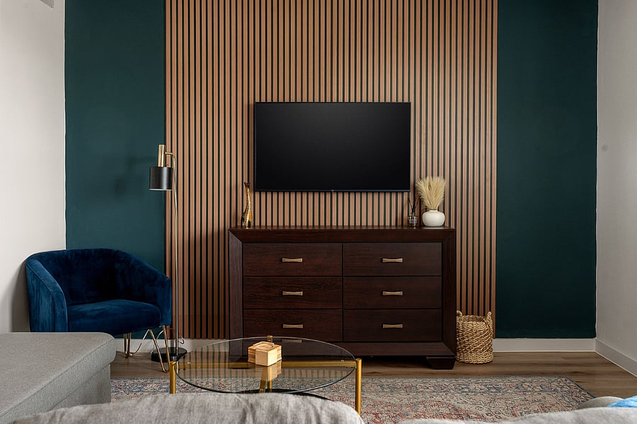Modern Living Room with Blue Accent Decor