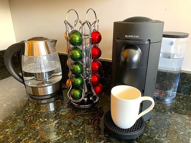 Nespresso coffeemaker, electric tea kettle
