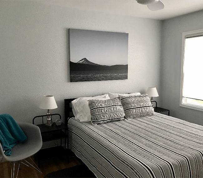 The master bedroom feature a queen bed with new linens. A small dresser and closet are available for your use.