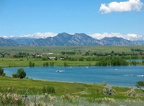 View of the Flatirons next to Boulder overlooking Standley Lake