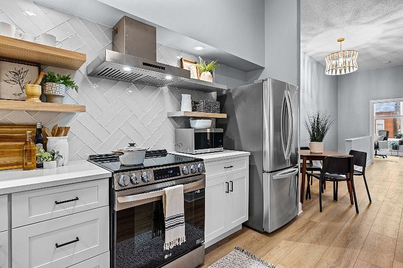 Open floor plan has great sight lines.  Kitchen and dining area are right next to each other.