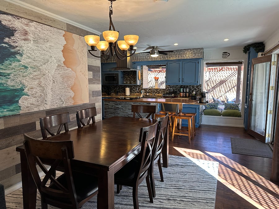 Large dining table with seating for 8