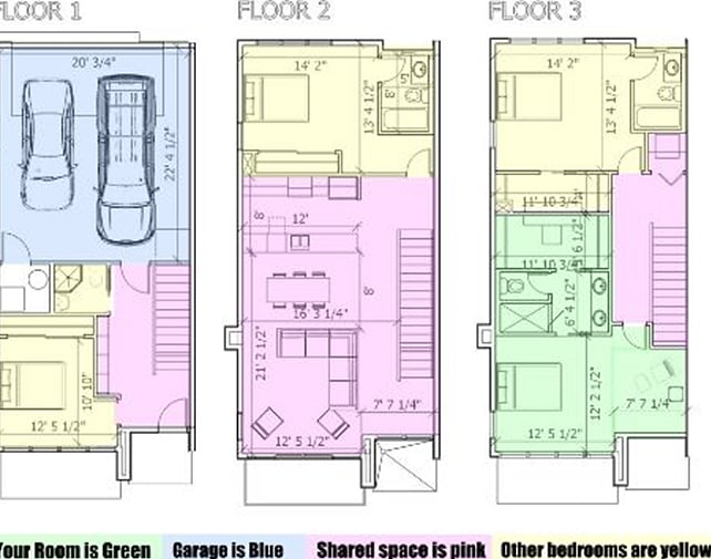 Green is your room.
Yellow is the other guests' bedrooms.
Pink is shared space.