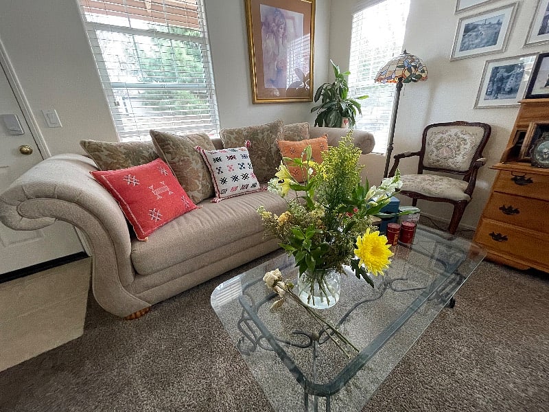 Living room. Fresh flowers delivered weekly.