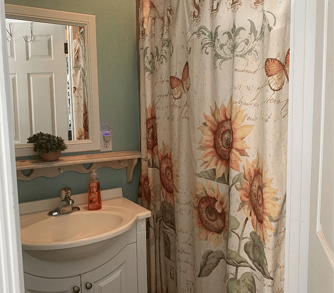 bathroom with shower downstairs in garage area