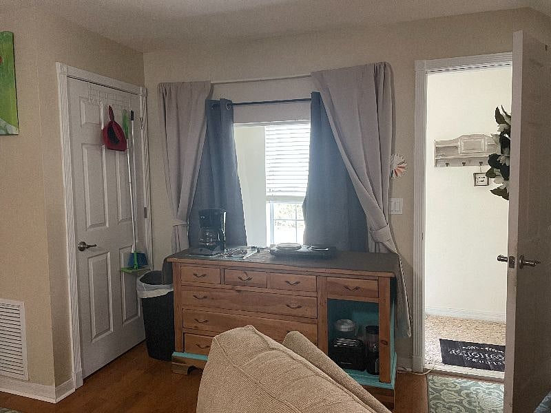 Interior room from entrance
Blackout curtains on all windows.