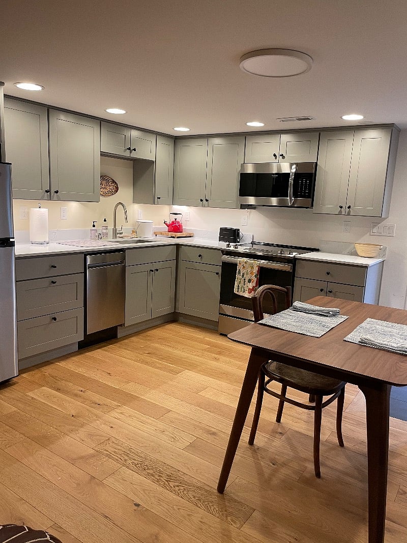 New kitchen great for cooking with plenty of storage as well as built in bench for relaxing.