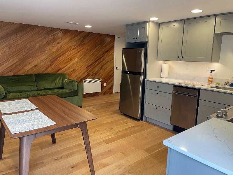 All new stainless appliances and quartzite counter tops for bright finish. Pullout sofa bed for guests.