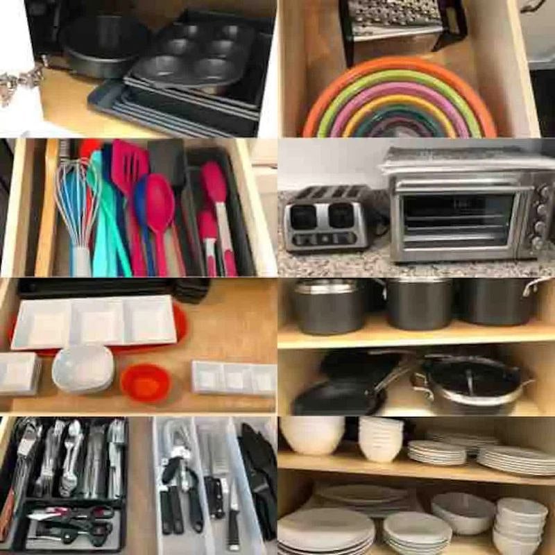 Kitchen is fully stocked with new dining set and pots and pans.