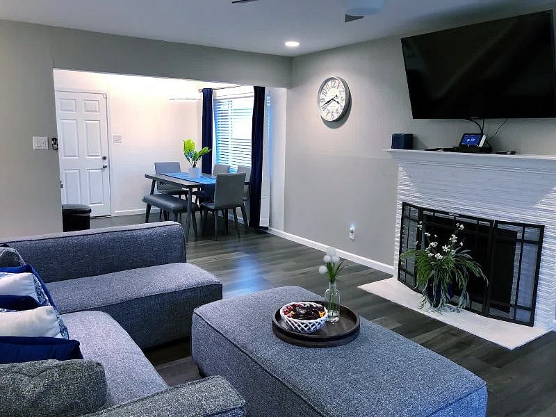 Living room looking into dining area